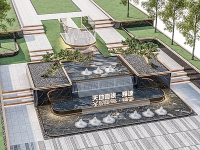 现代新中式其他水景设施 小区示范区水景 喷泉水景庭院水景 水池叠水镜面水景 迎客松禅意水景 售楼部水景景观