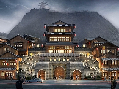 中式商场建筑 山地古建商业街 全精模