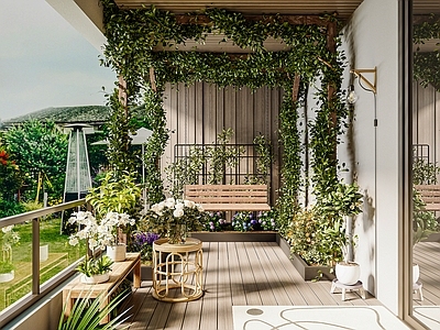 法式原木阳台 法式花园阳台 原木风花园阳台 植物休闲摇椅 休闲阳台 生活阳台