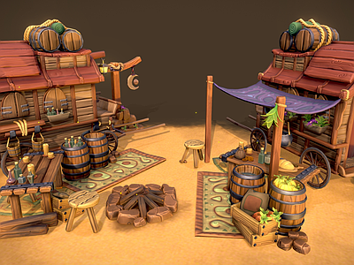 现代艺术风格建筑 游牧营地 卡通帐篷 蒙古包房子 游牧民族 帷帐马车 酒桶