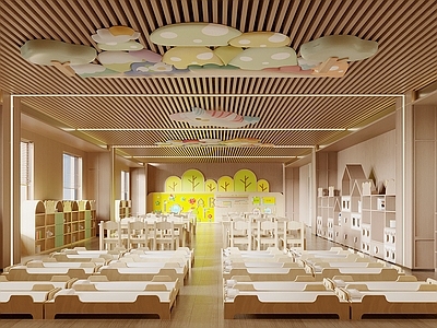 现代幼儿园 幼儿园教室 儿童桌椅 幼儿园午休床 儿童书柜 乐高积木墙