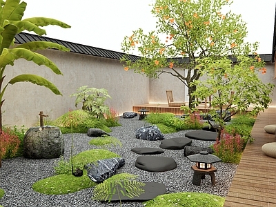 新中式庭院 芭蕉 柿子树 水钵水景 汀步 枯山水