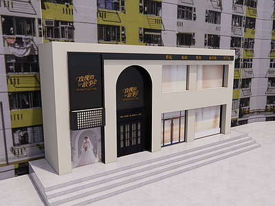 现代法式婚纱摄影店 法式婚纱店 黑色鎏金板婚纱店 婚纱店圆弧形门头 温馨婚纱店 法式门头婚纱店