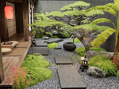 新中式庭院 汀步 石板 松树 植物景观 苔藓微地形