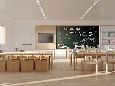 现代简约教室 儿童教室 幼儿园活动室 儿童桌椅 儿童娱乐区 黑板儿童书桌