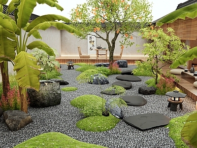 日式新中式庭院 乡村庭院 民宿庭院 别墅庭院 茶桌椅 植物造景