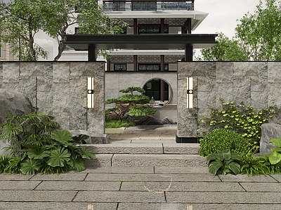 新中式别墅庭院 宅院入口景观 新中式景墙 新中式入户庭院 庭院围墙设计