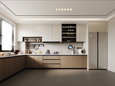 奶油现代封闭式厨房 l型厨房 奶油风厨房