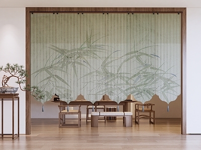 新中式禅意隔断 新中式水墨纱帘 门帘布帘挂帘 茶室茶桌椅 松树盆栽 隔断门