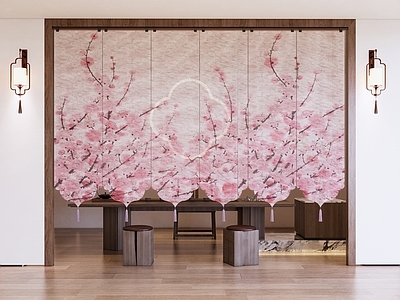 新中式禅意隔断 新中式水墨纱帘 门帘布帘挂帘隔断 茶室茶桌椅 壁灯
