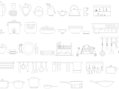 现代厨房设施 厨房用品 厨具 厨房摆件 餐具 置物架 锅 碗 碟子 茶壶 施工图