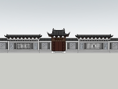 中式新中式古建筑 中式门楼 影壁 照壁 浮雕 百福百寿