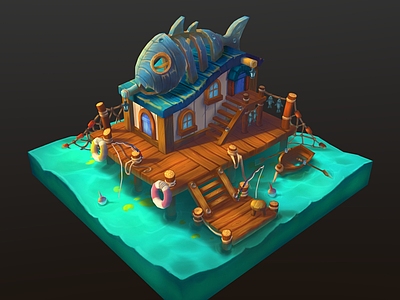 现代艺术风格建筑 鱼屋 卡通木屋 渔夫小屋 热带木屋