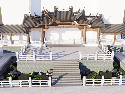 新中式中式古建筑 徽派 门头 连廊 庭院 水池