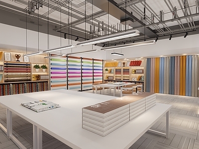 现代简约办公室 工作室 办公区 布料材料展厅 家纺布料店 丝绸展示店