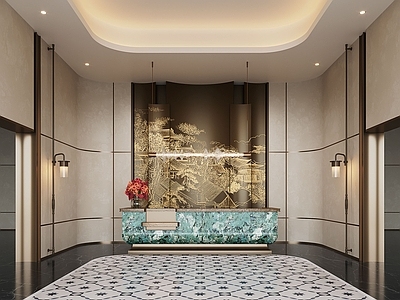现代酒店大堂 现代大厅前台 接待台 金属背景墙 酒店大厅