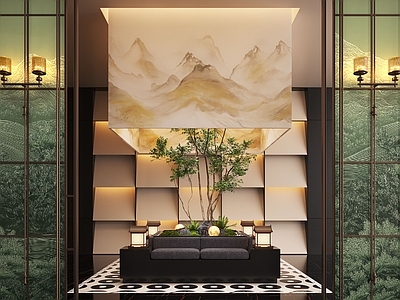 现代酒店大堂 现代大厅 苔藓景观 大厅景观造景 植物装置 屏风隔断