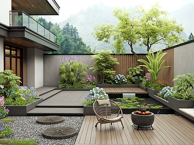现代庭院 别墅庭院 庭院水景 花草 灌木 户外椅
