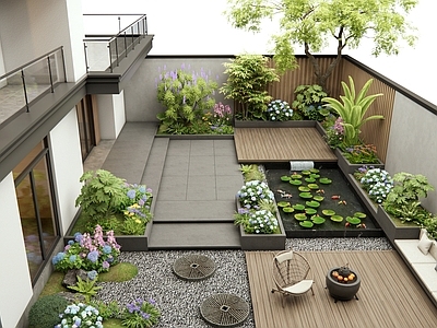现代庭院 别墅庭院 花草 灌木 庭院水景 绣球花