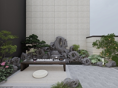 中式复古别墅庭院 中古凉亭假山鱼池