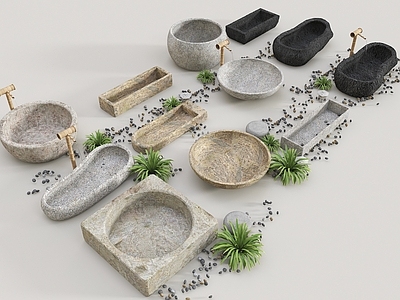 中式其他景观小品 马槽 石槽 水缸景观 中式景观小品 水缸