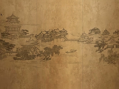 中式新中式硬包 硬包背景墙 山水硬包