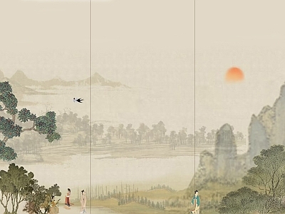 中式新中式硬包 硬包背景墙 山水硬包