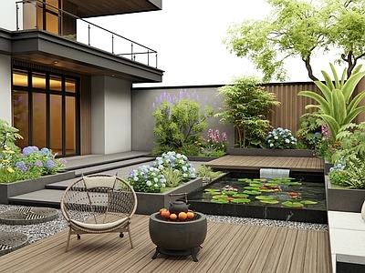 现代庭院 别墅庭院 花草 绣球花 灌木 庭院水景