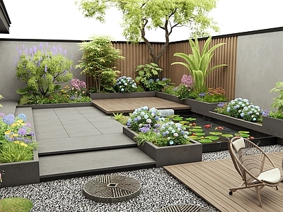现代庭院 别墅庭院 花草 绣球花 庭院水景 户外桌椅