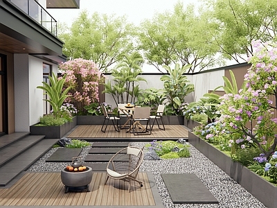 现代庭院 别墅庭院 花草 灌木 户外桌椅 植物景观