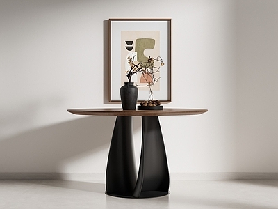 现代侘寂餐桌 圆形餐桌 木餐桌 圆桌 实木 挂画