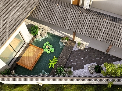 新中式中式乡村庭院 民宿花园 花园鱼池水塘 自然民宿 石板路小径