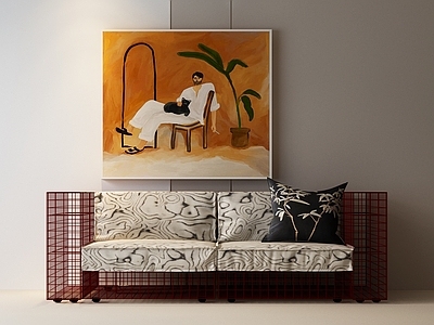 现代北欧双人沙发 红色沙发 现代沙发 现代意式沙发 装饰画 布艺沙发