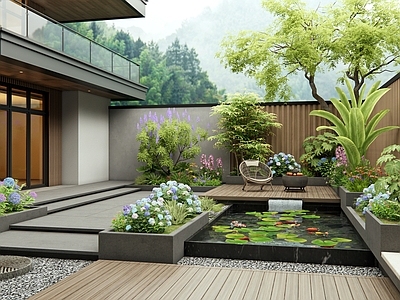 现代庭院 别墅庭院 花草 庭院水景 绣球花 灌木