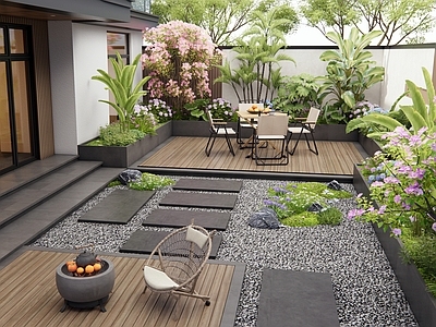 现代庭院 别墅庭院 户外桌椅 灌木 花草 植物景观