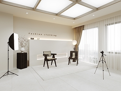 法式奶油直播间 服装店直播间 直播间背景墙 直播设备 木质编藤单椅 窗帘