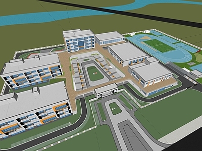 现代学校建筑 现代学校 教学楼学校 学校操场