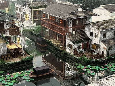 中式古建 古镇 江南水乡 莲叶荷花