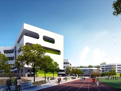 现代学校建筑 学校湖景 教学楼学校 学校操场