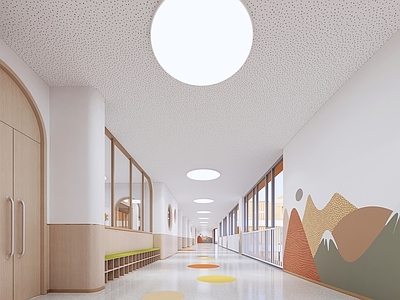现代幼儿园内部 幼儿园走廊 学校走廊 儿童空间 走廊