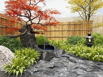 日式禅意庭院小品 日式庭院小品 新中式庭院花园 禅意水景小品 流水景观石 水钵红枫