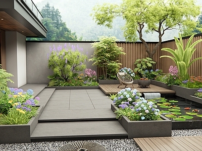 现代庭院 别墅庭院 绣球花 花草 灌木 庭院水景