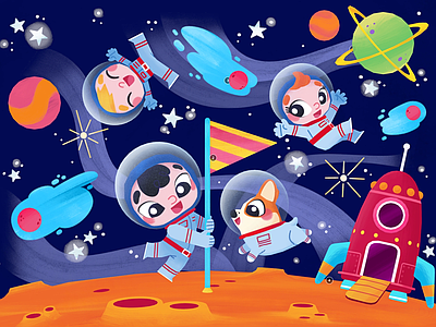 多人 小太空人 卡通宇航员 卡通火箭 小行星 太空狗冒险队
