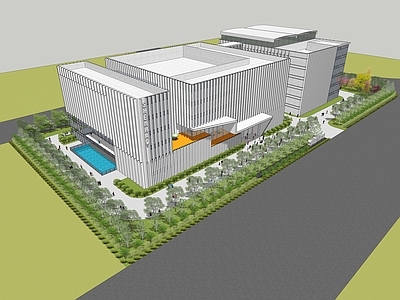 现代工业展览馆建筑 现代工业展示中心 竖线条建筑立面 建筑构件 现代建筑体量组合