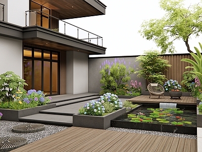 现代庭院 别墅庭院 花池花坛 庭院小水景 灌木 花草