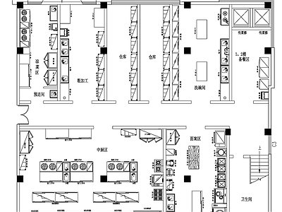 现代后厨 3000M2酒店 后厨厨房 厨房深化平面图 酒店厨房 施工图