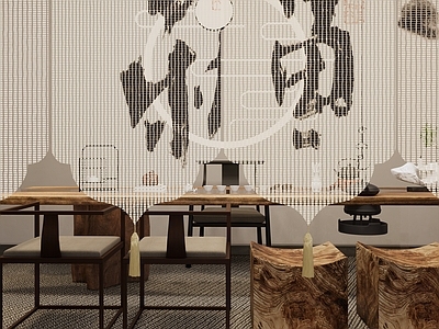 新中式简约隔断 新中式门帘布帘 书法纱帘 茶室 茶桌椅