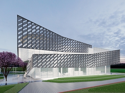 现代售楼处建筑 折线 斜屋顶 台阶 双层表皮 屋顶花园