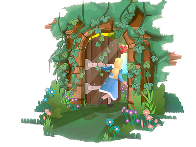 现代艺术风格建筑 秘密花园 童话女孩 卡通藤蔓 花园入口 手绘砖墙门