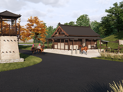中式原木古建筑 驿站 唐代驿站 唐代古楼 古代建筑 古代休息亭